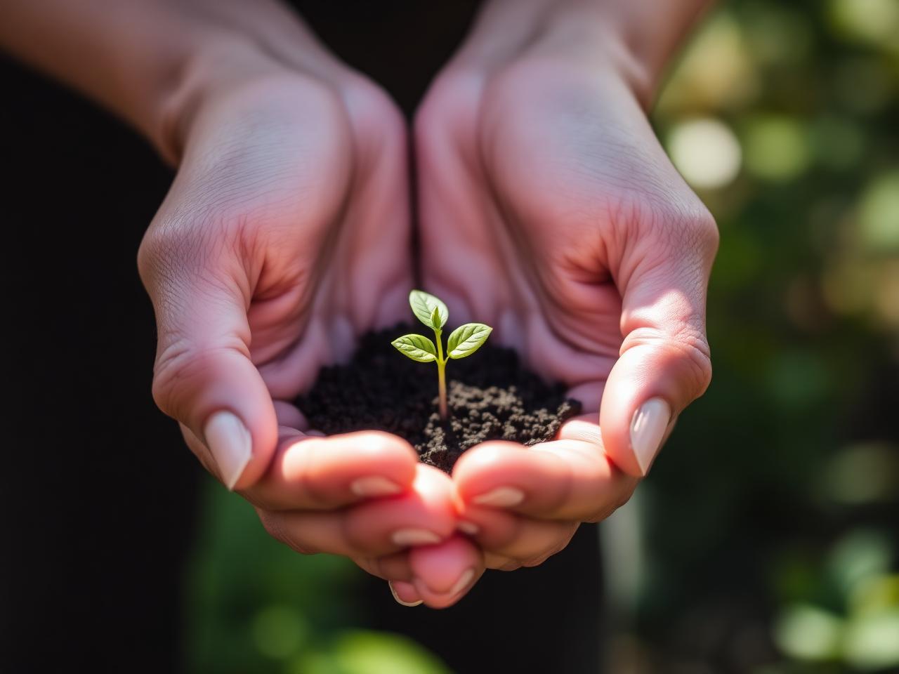 Hands gently holding a green seedling