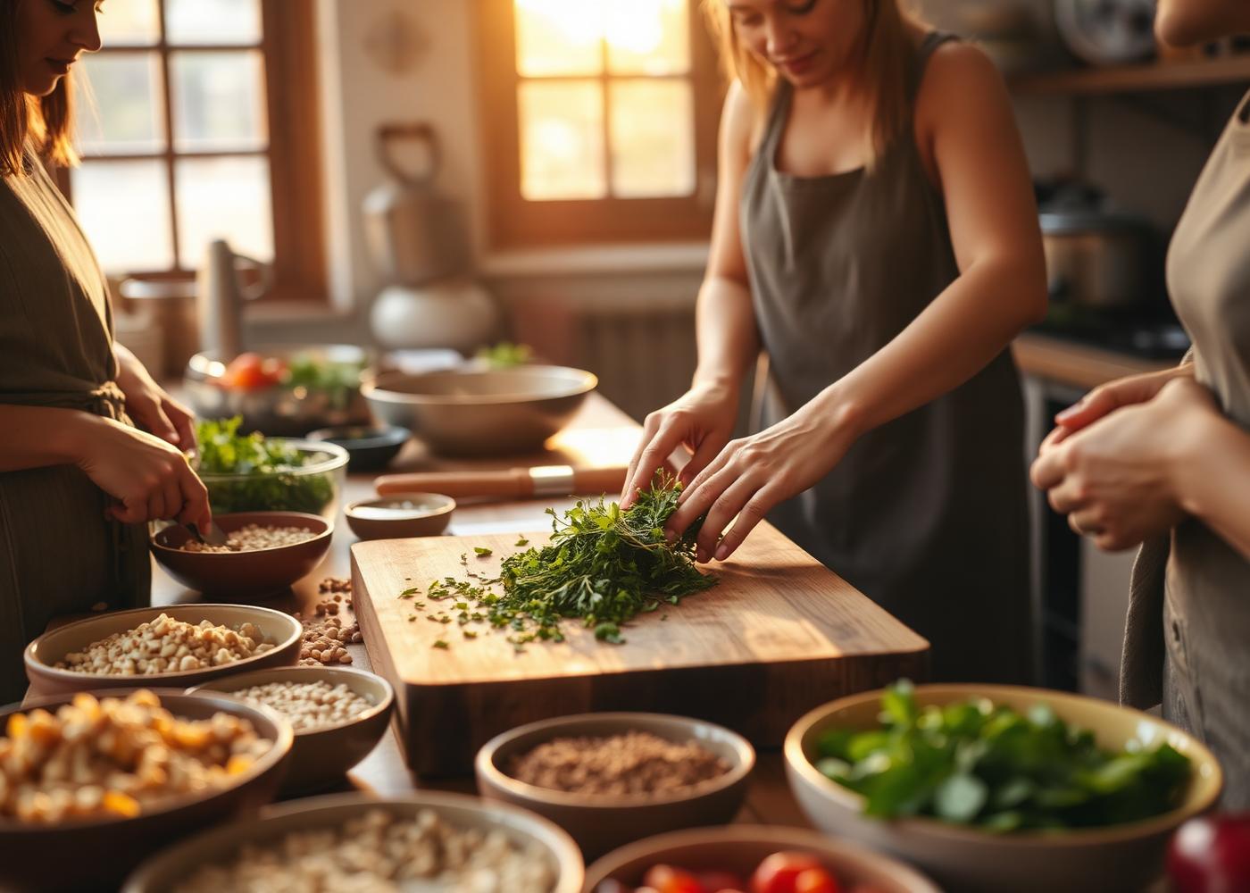 Community members preparing fresh herbs and ingredients together in a warm teaching kitchen