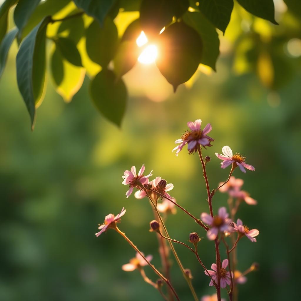 Soft sunlight through leaves with pink wildflowers