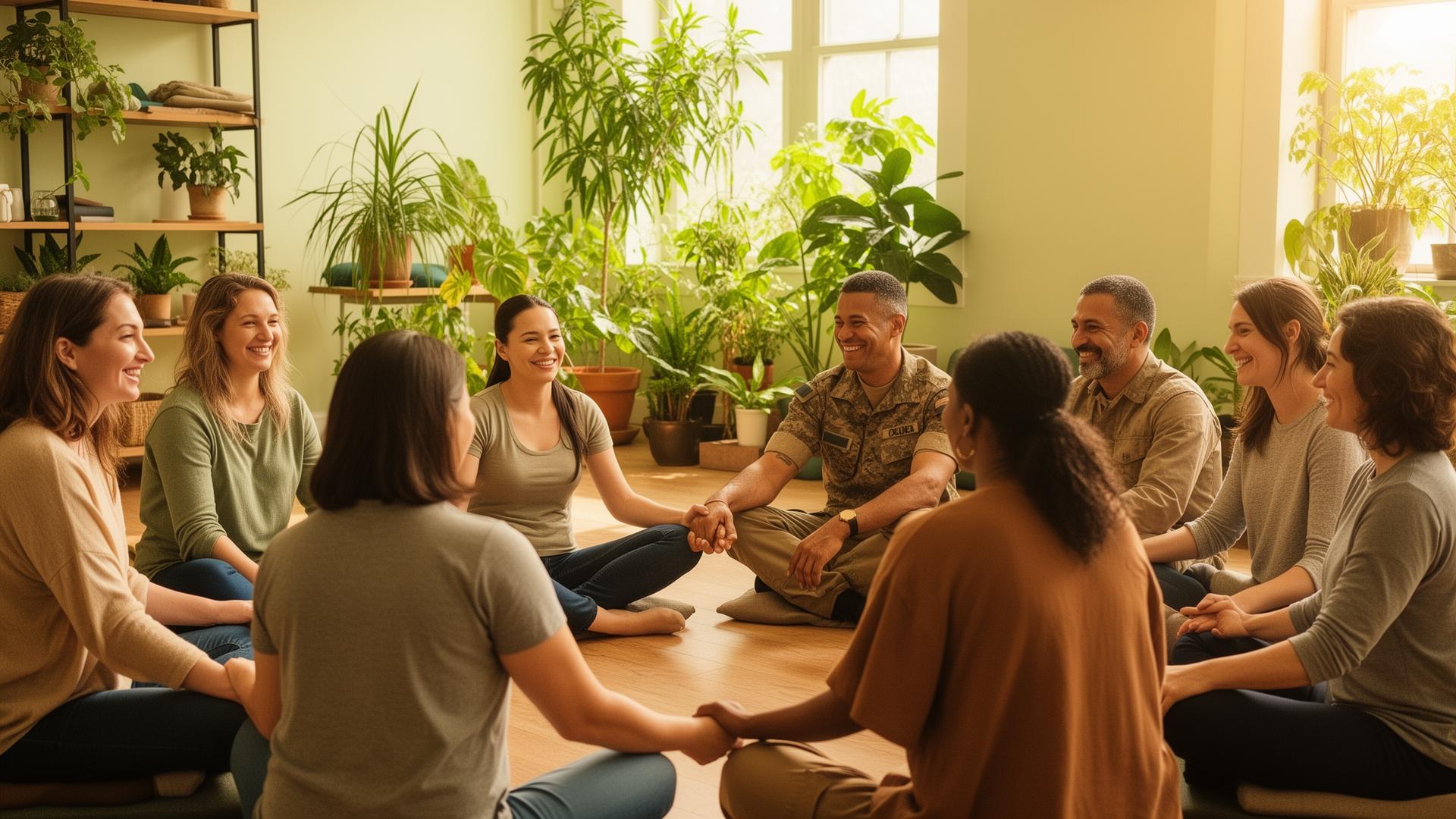 A diverse healing circle of women, veterans, and community members in a sunlit wellness space