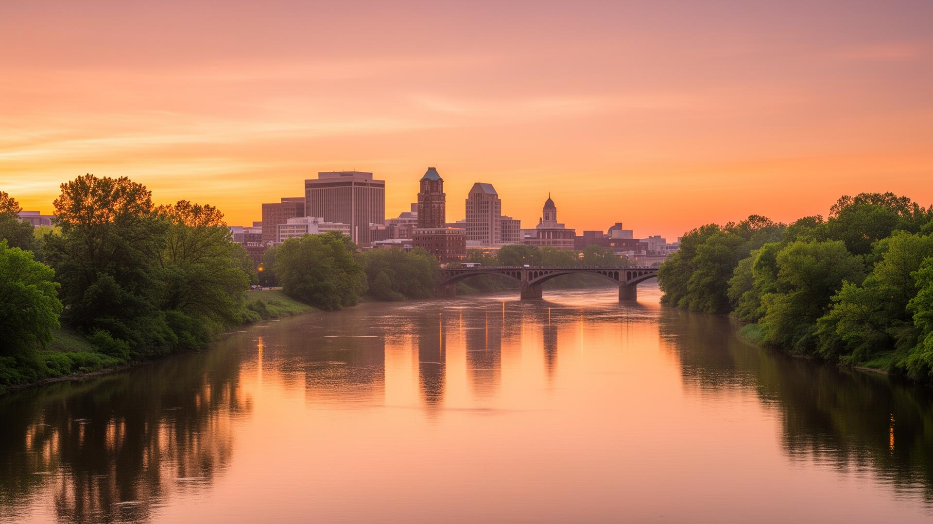 Richmond skyline overlooking the James River at sunrise