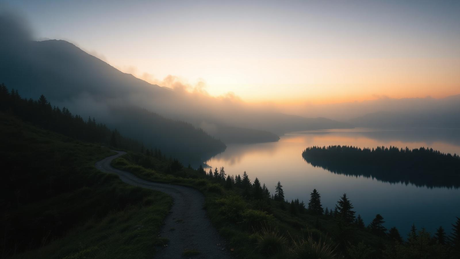 Sunrise over a mountain lake with a winding pathway