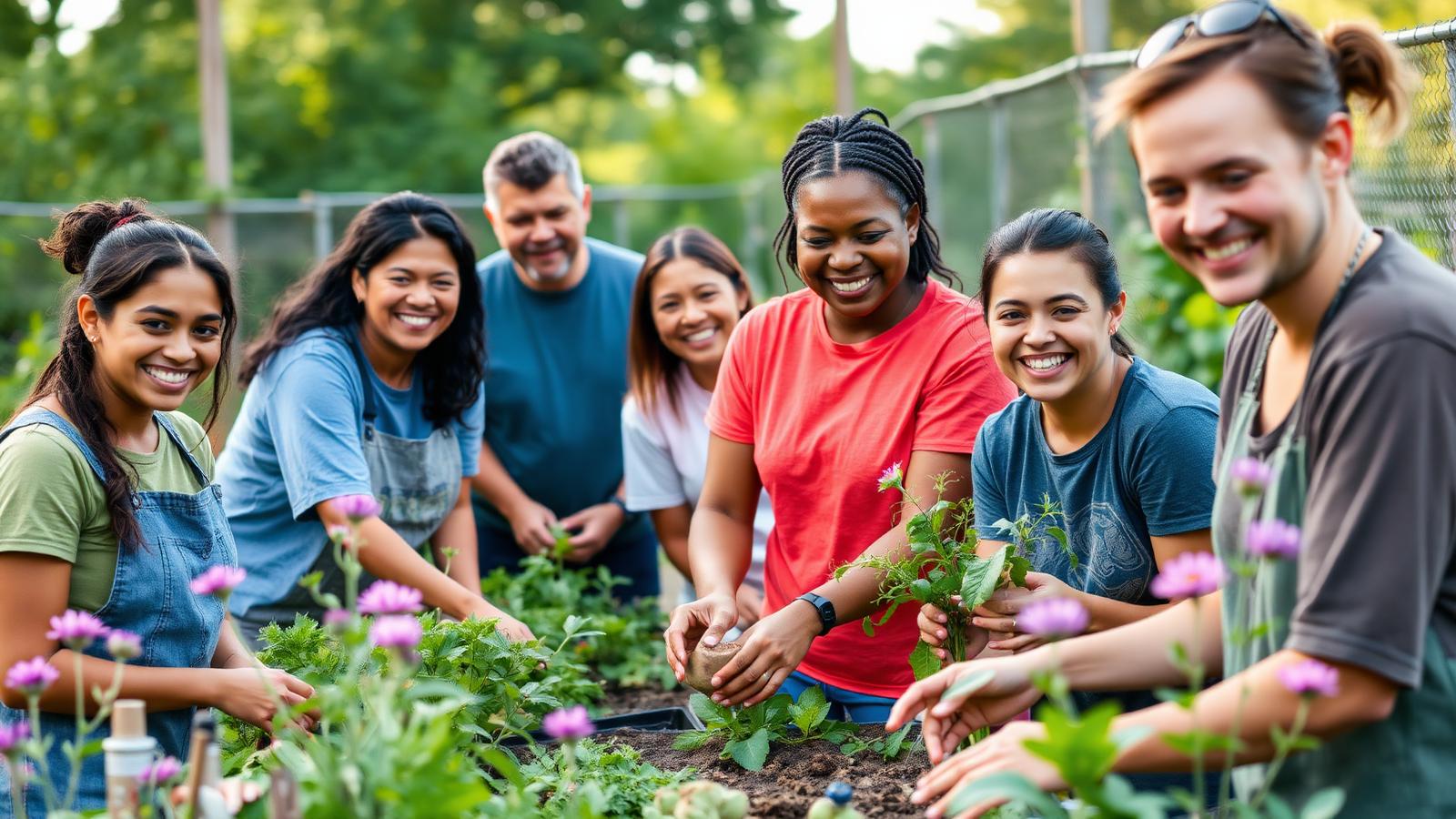 Diverse volunteers gathered together in a community garden